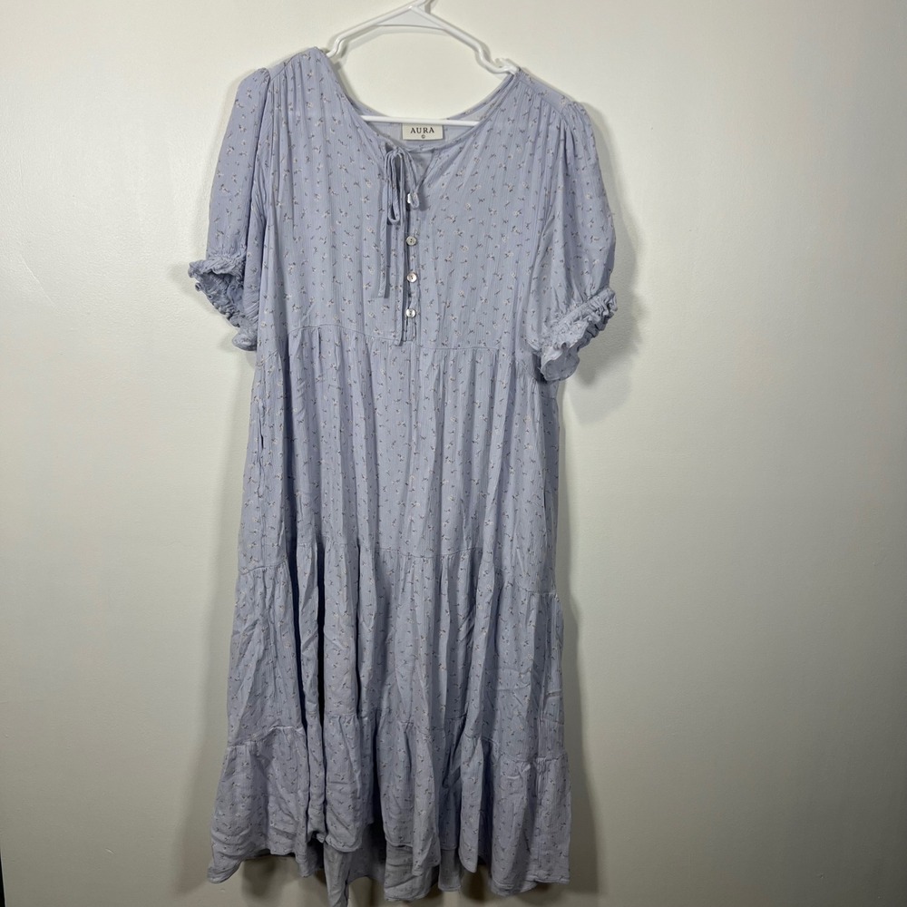 Aura Womens Floral Tiered Puff Sleeve Midi Dress Boho Cottagecore Blue L